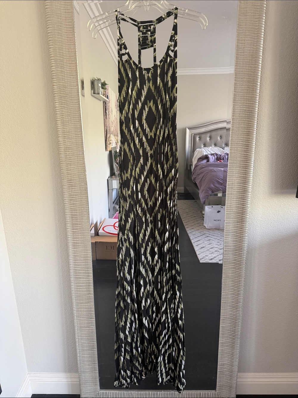 Tiare Hawaii Black and Olive Ikat Maxi Dress